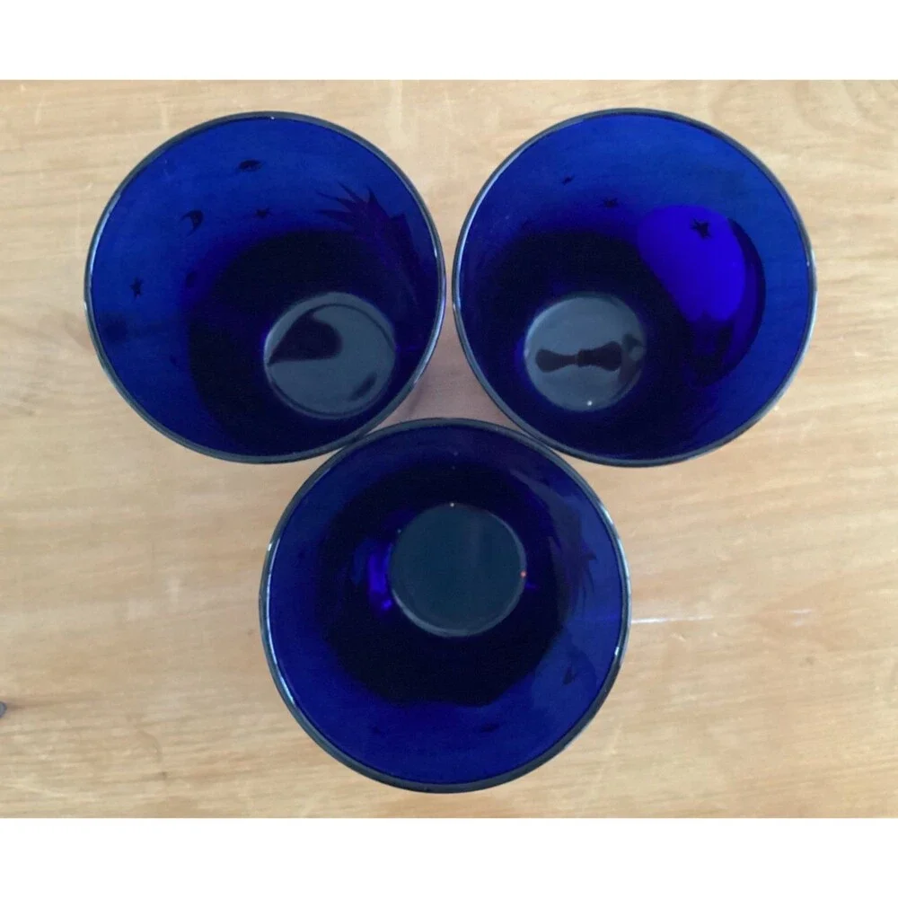 Set 3 Culver Cobalt Blue Glasses Gold Sun Moon Stars USA 12 oz Cocktail Glass